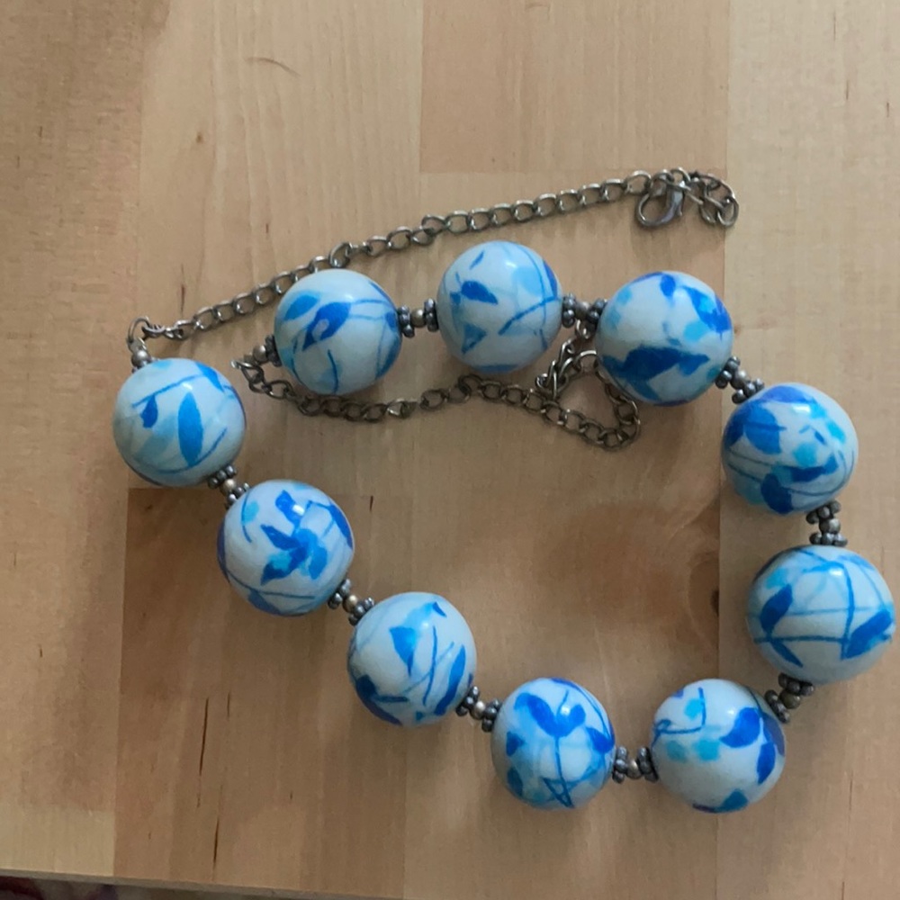 Blue and white beaded necklace